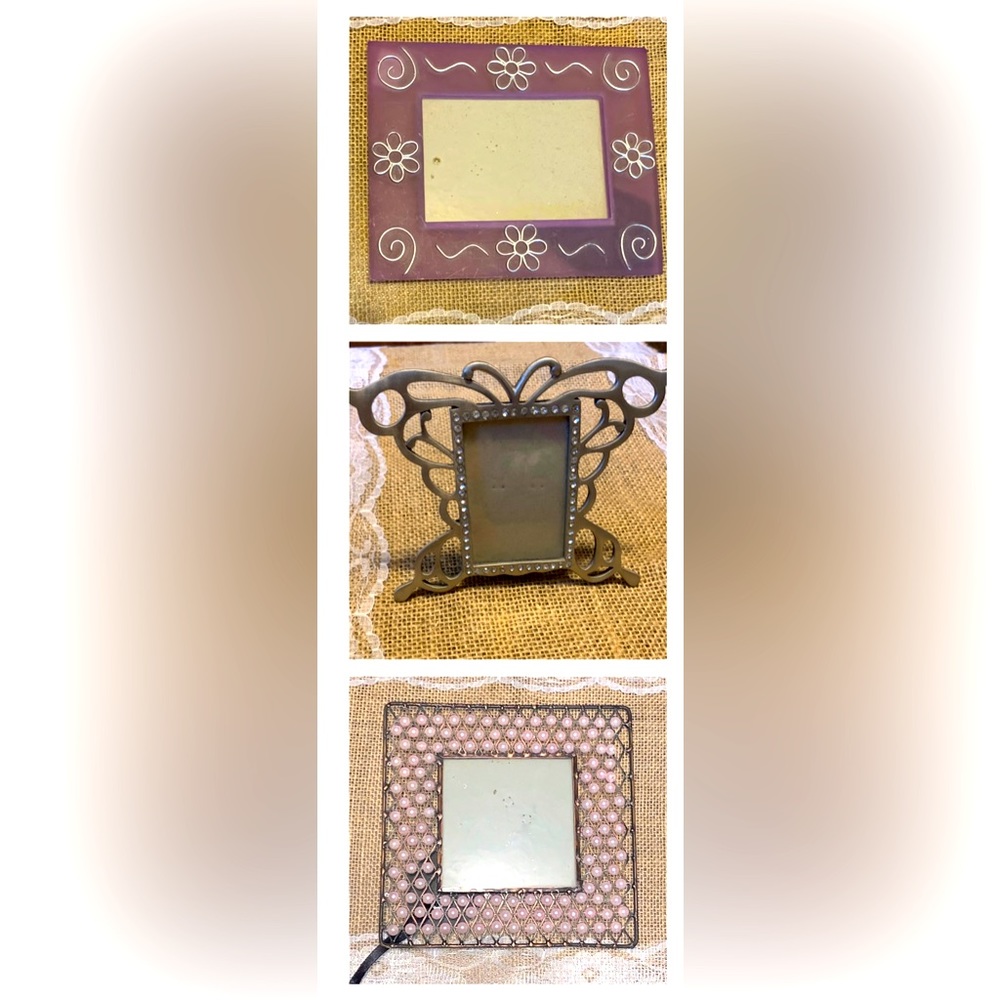 3 frames pink beads, floral purple, and butterfly